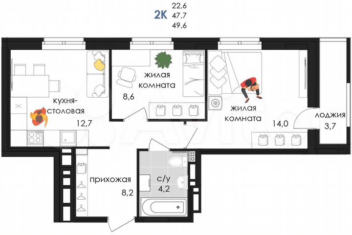 2-к. квартира, 49,6 м², 1/9 эт.