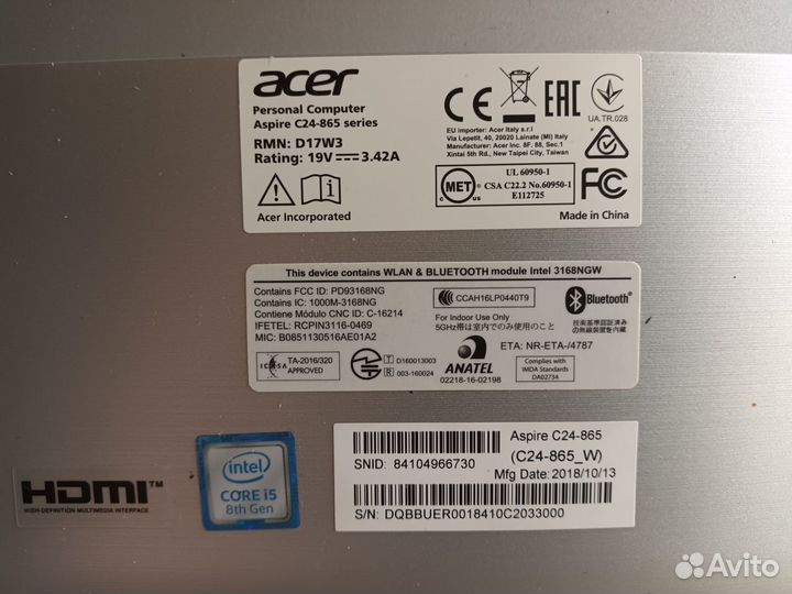 Моноблок Acer C24-865W на з/ч или ремонт