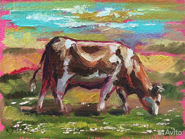 Картина корова в поле, миниатюра маслом 20х15 см