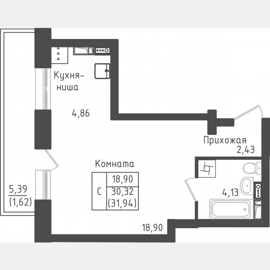 Квартира-студия, 31,9 м², 4/5 эт.