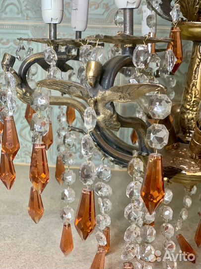 Антикварная бронзовая хрустальная люстра 14 ламп