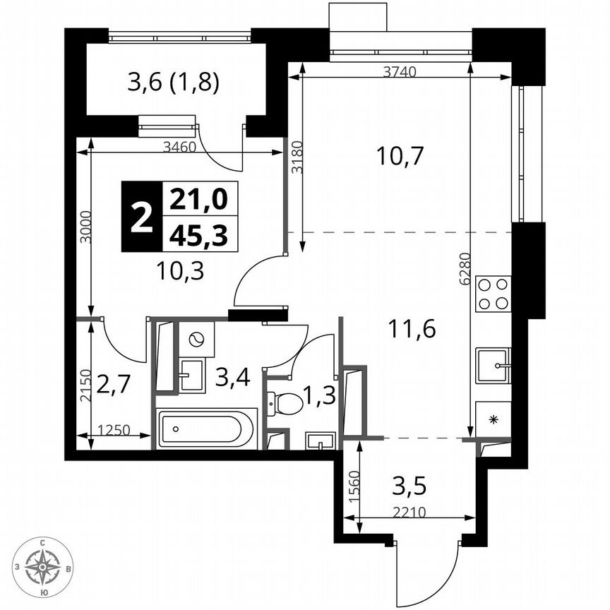 2-к. квартира, 45,3 м², 7/25 эт.