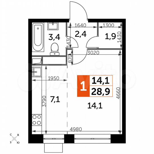 Квартира-студия, 28,9 м², 9/22 эт.
