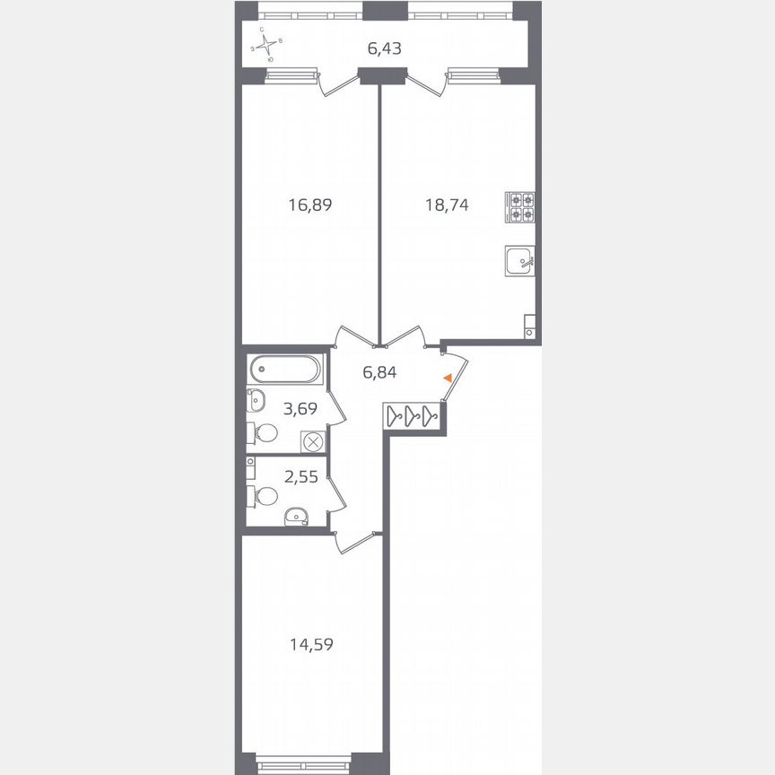 2-к. квартира, 66,5 м², 3/16 эт.
