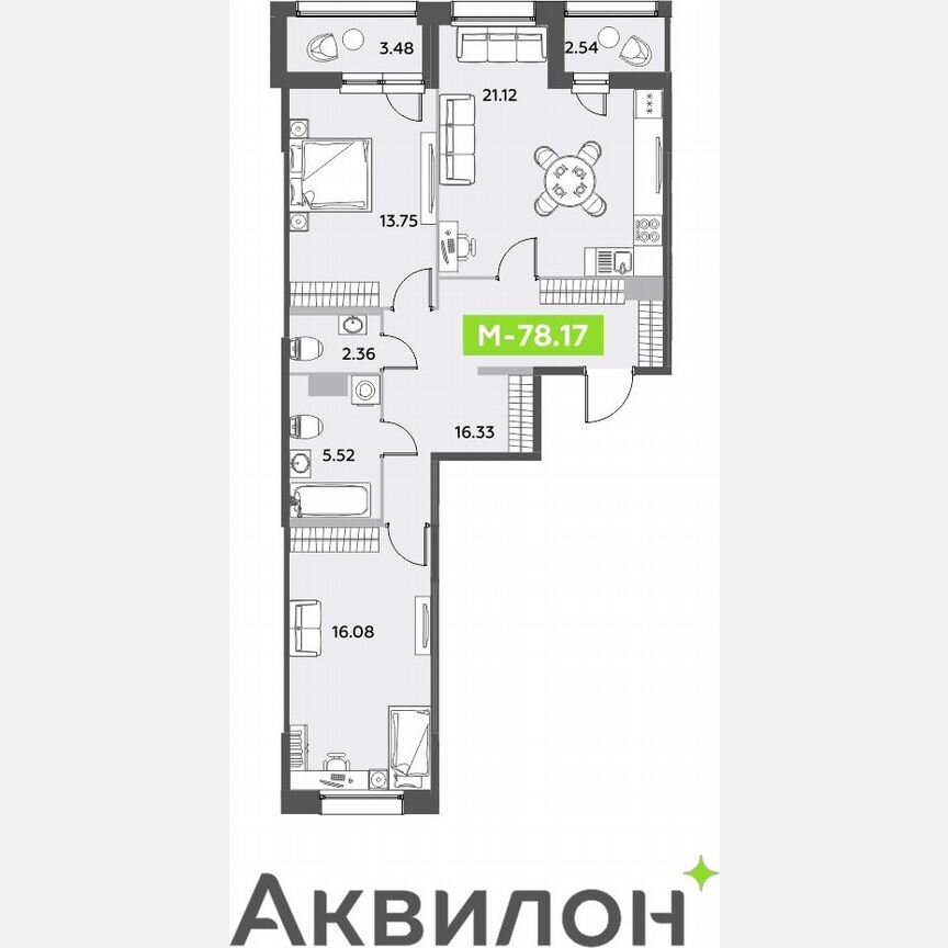 2-к. квартира, 78,2 м², 4/12 эт.