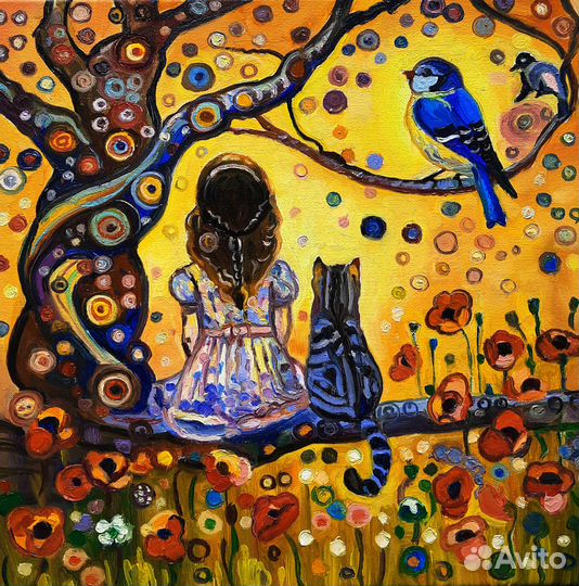 Девочка и котик картина маслом холст 30*30см