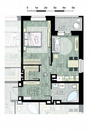 1-к. квартира, 46,3 м², 12/17 эт.