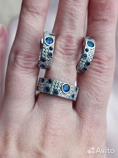 Серебряные серьги и кольцо с наносапфиром