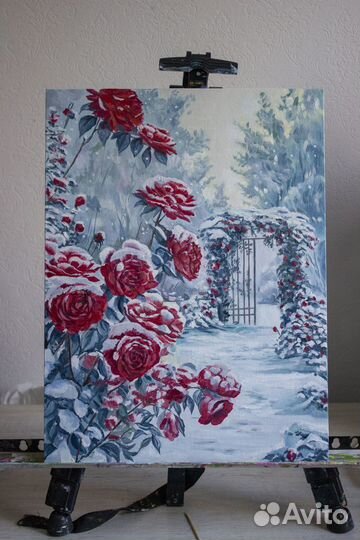 Картина маслом зимний пейзаж Розы в снегу