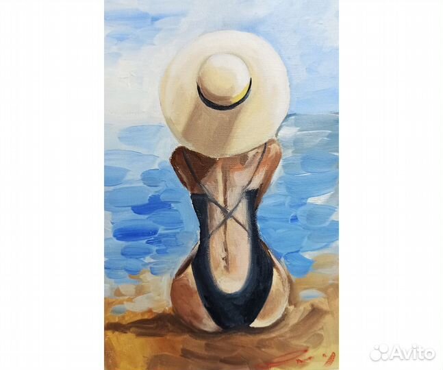 Картина девушка пляж море масло холст живопись