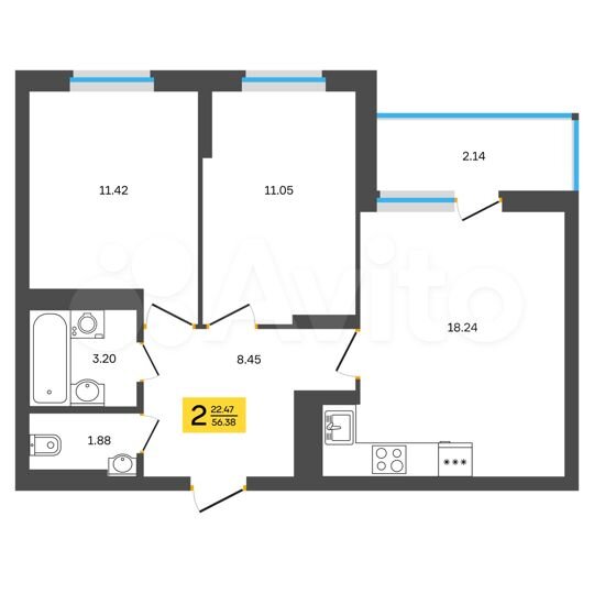 2-к. квартира, 56,4 м², 2/18 эт.