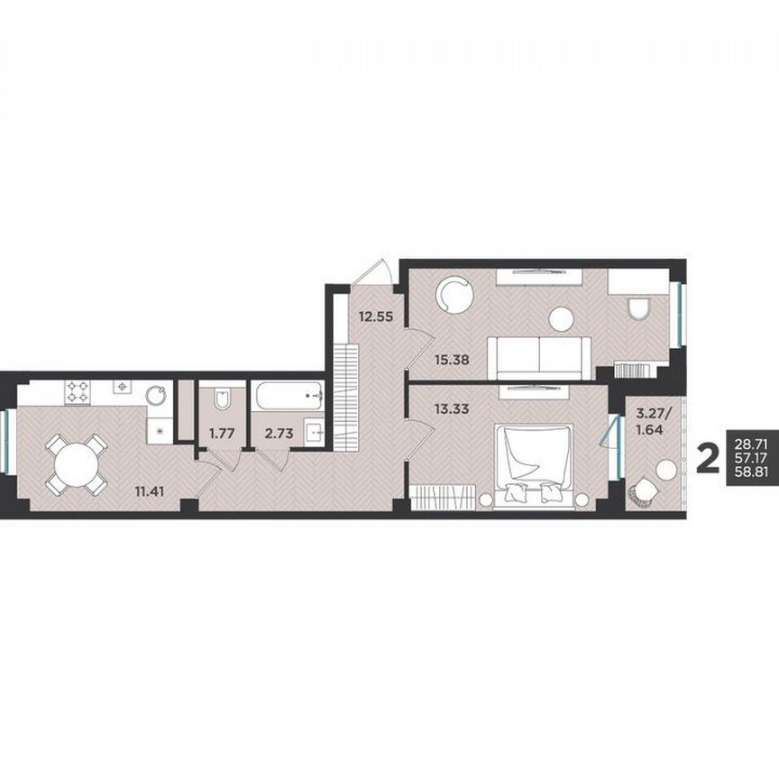 2-к. квартира, 58,8 м², 1/4 эт.