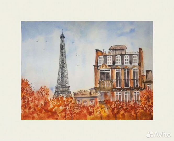 Интерьерная акварель Осень в Париже 30*40 см