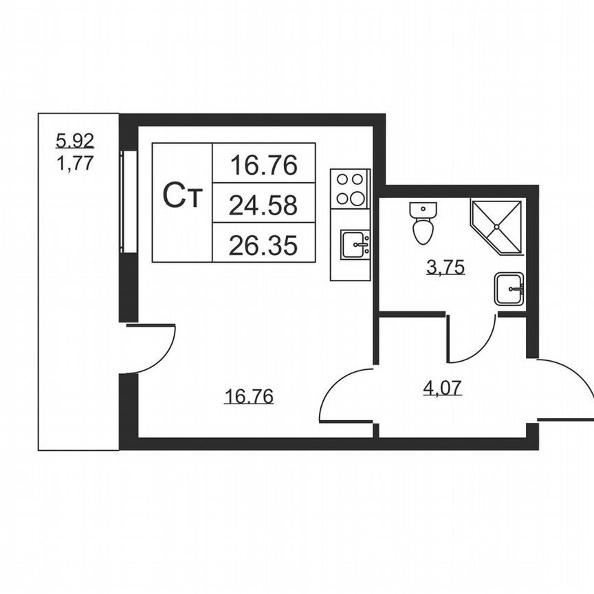 Квартира-студия, 26,4 м², 7/19 эт.