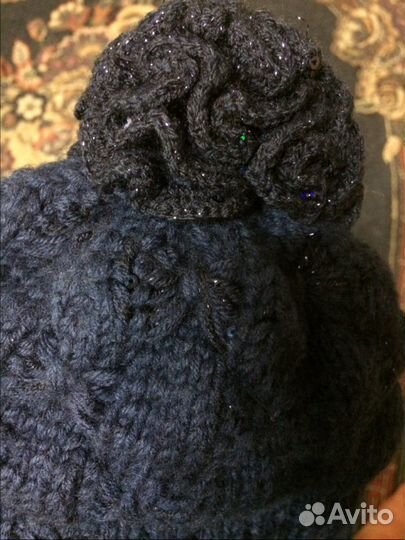 Комплект меринос синий шапка шарф варежки