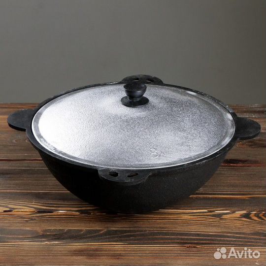 Казан чугунный, 8 л, круглое дно, алюминиевая крыш