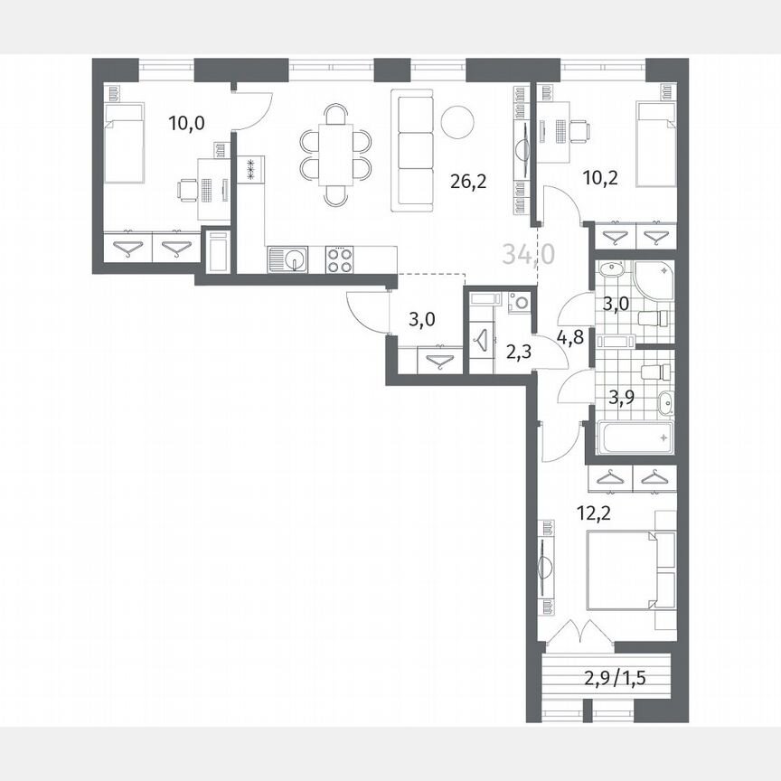 3-к. квартира, 77,1 м², 3/12 эт.