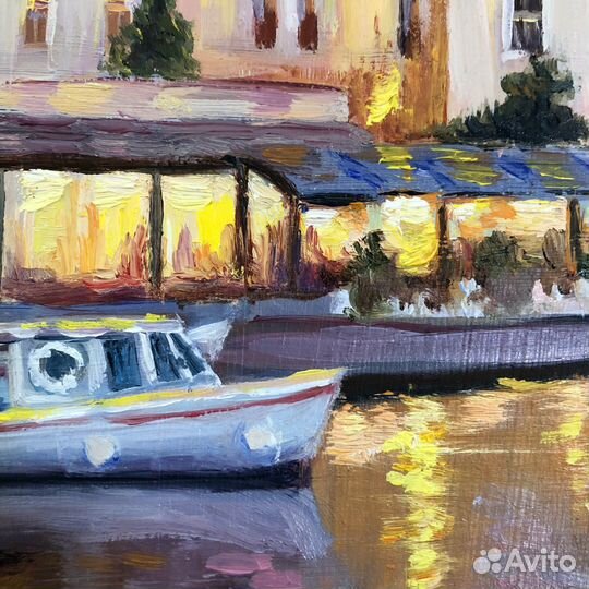 Картина маслом Вечер Фонари Море Город