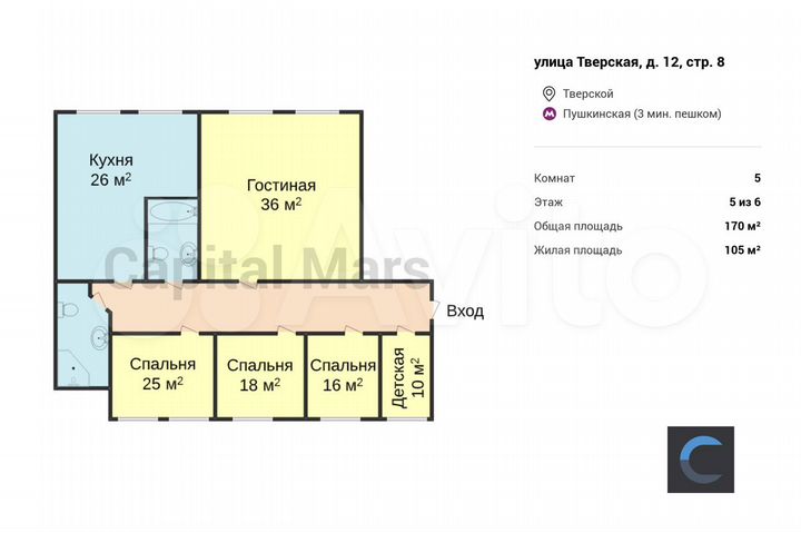 5-к. квартира, 170,6 м², 5/6 эт.