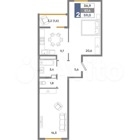 2-к. квартира, 59 м², 2/14 эт.