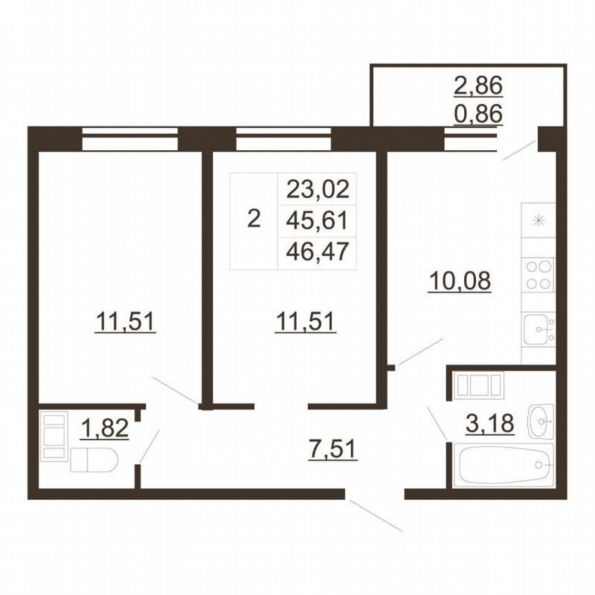 2-к. квартира, 46,5 м², 6/6 эт.