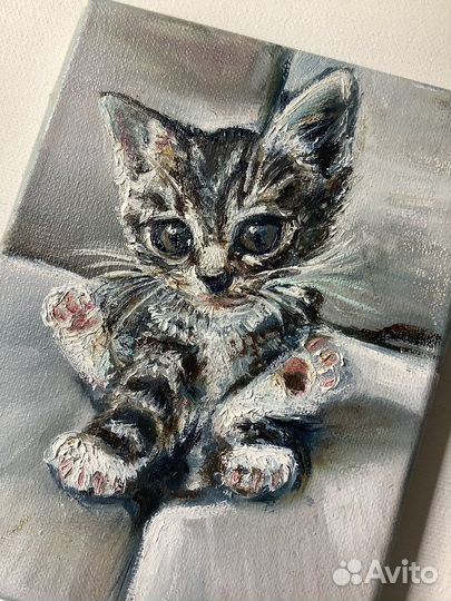 Картина маслом Маленький котенок Холст 20х15 см