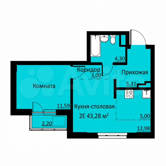 2-к. квартира, 43,3 м², 3/16 эт.