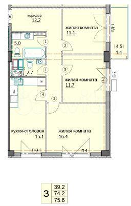 3-к. квартира, 75,5 м², 11/18 эт.