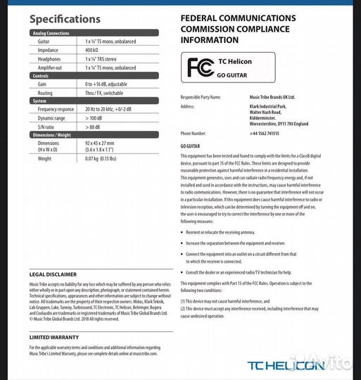 Внешняя звуковая карта TC helicon GO guitar