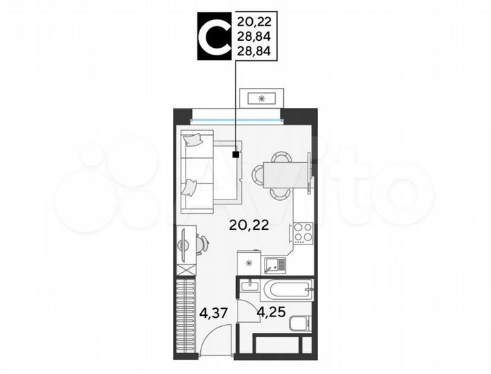 Квартира-студия, 28,8 м², 11/25 эт.