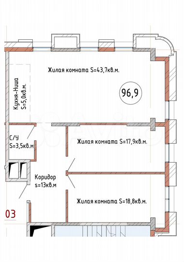 3-к. квартира, 96,9 м², 8/13 эт.