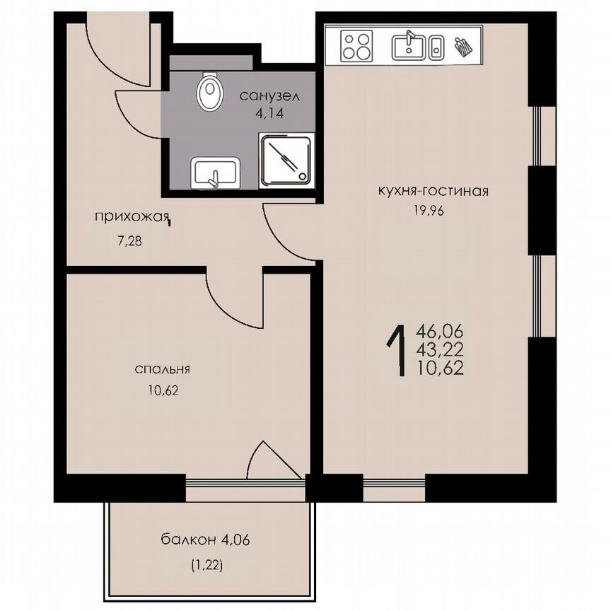 1-к. апартаменты, 43,4 м², 2/6 эт.