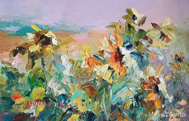 Картина маслом петух куры Розы подсолнухи