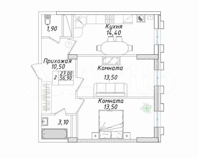 2-к. квартира, 56,9 м², 1/8 эт.