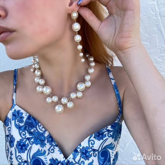 Колье и серьги с жемчугом комплект бижутерии
