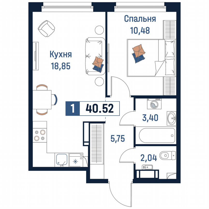 1-к. квартира, 40,5 м², 16/18 эт.