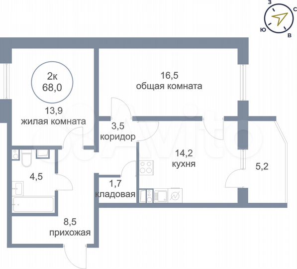 2-к. квартира, 68 м², 1/9 эт.