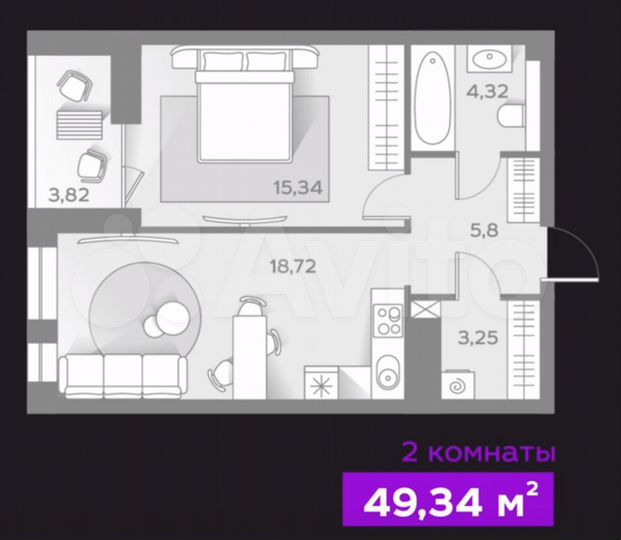 2-к. квартира, 49,3 м², 6/21 эт.