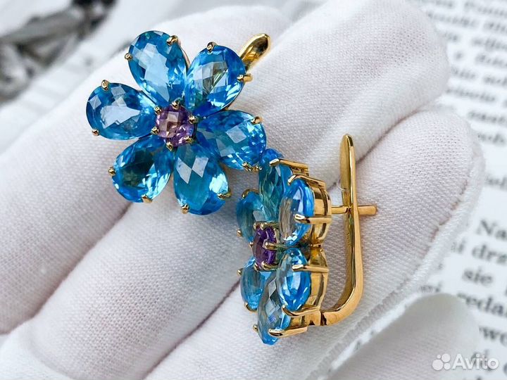 Золотые серьги с топазами и аметистами 585 пробы