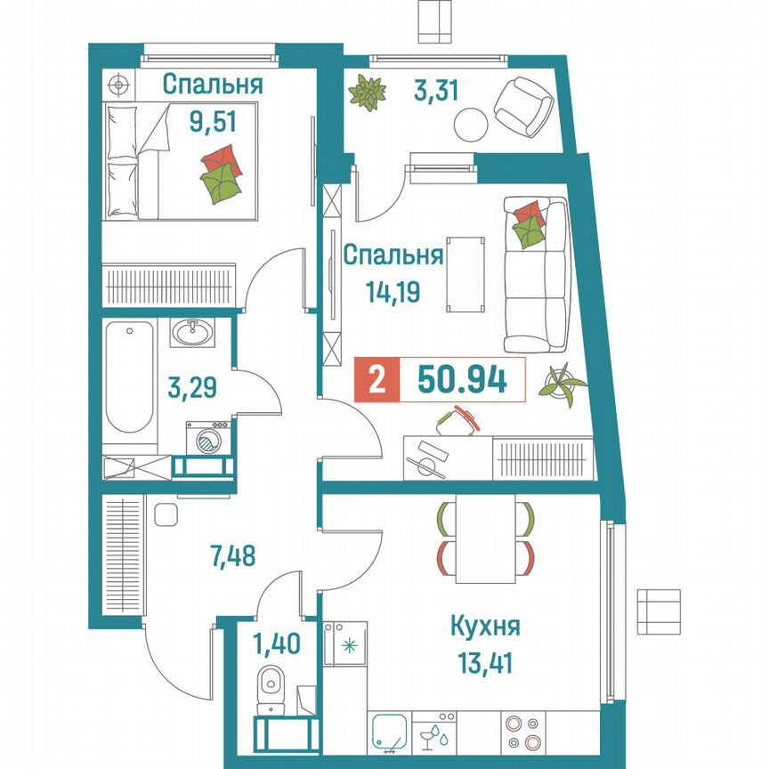 2-к. квартира, 50,9 м², 11/18 эт.