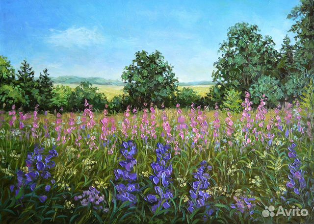 Картина маслом Летний пейзаж с цветами Лес Живопис