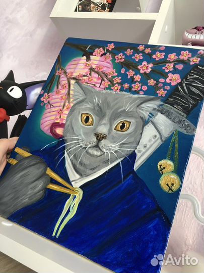 Картина маслом на холсте кот самурай