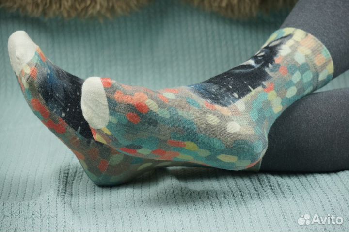 Шерстяные носки с принтом Хаски. Фон цветными капл