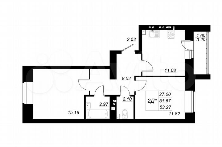 2-к. квартира, 53,3 м², 10/10 эт.