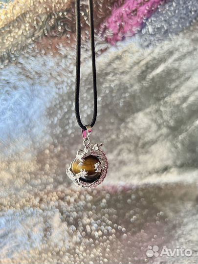 Кулон дракон с камнем Тигровый глаз