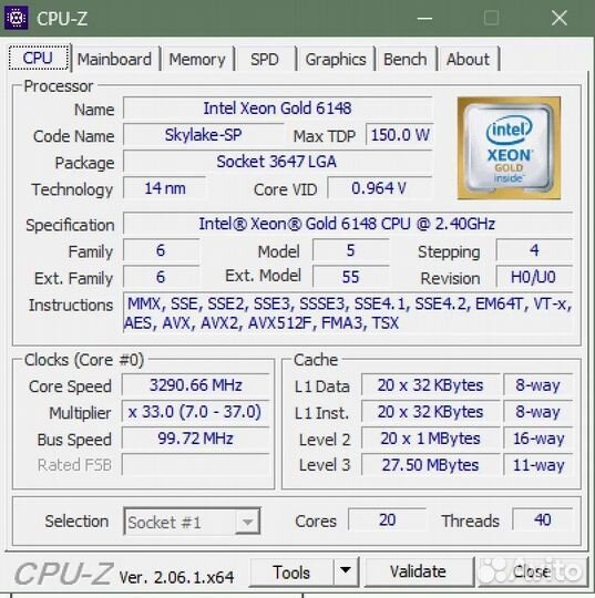Процессор Xeon Gold 6148 20 core / Xeon E5 V4 V3