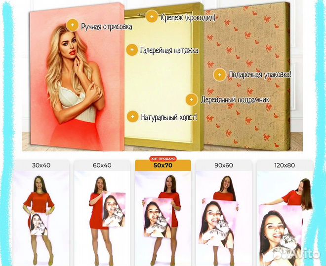 Портрет на холсте по фото (разные размеры)