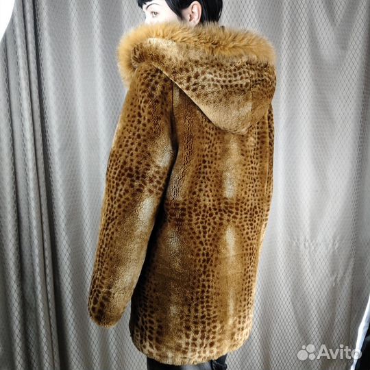 Шуба лиса рыжая с капюшоном коричневая длинная