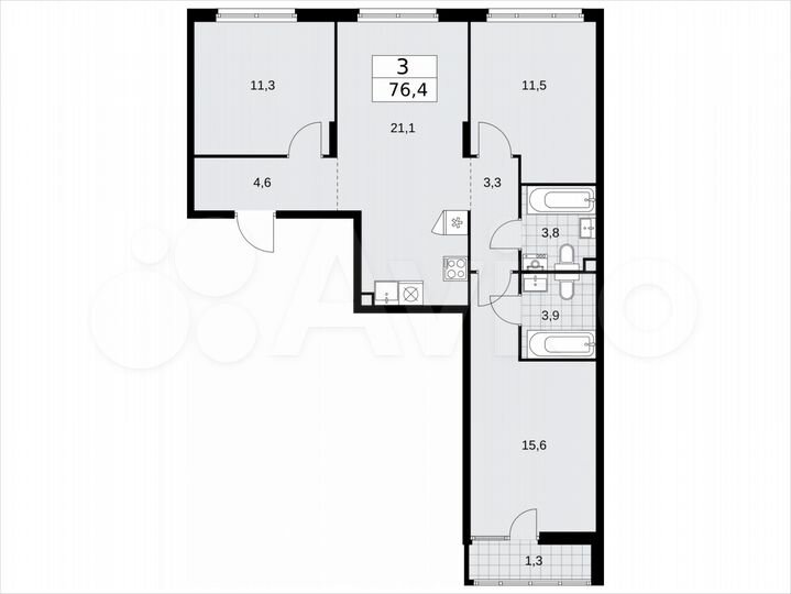 3-к. квартира, 76,4 м², 2/15 эт.