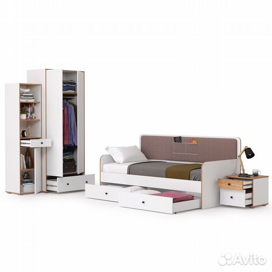 Вуди кровать, тумба, пенал и шкаф для одежды компоновка № 40, цвет белый премиум/дуб крафт золотой/с